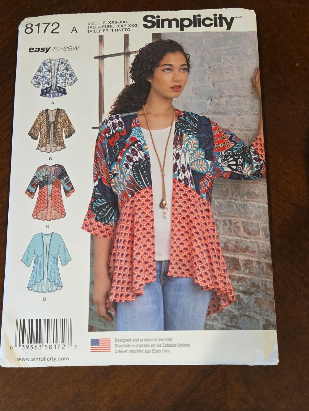 Simplicity Mixed-Print Kimono Jacket in Navy, Teal, Coral, White